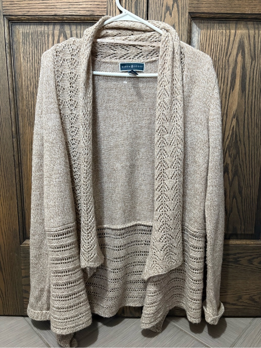 Karen Scott Light Beige Open-Front Crochet Trim Cardigan